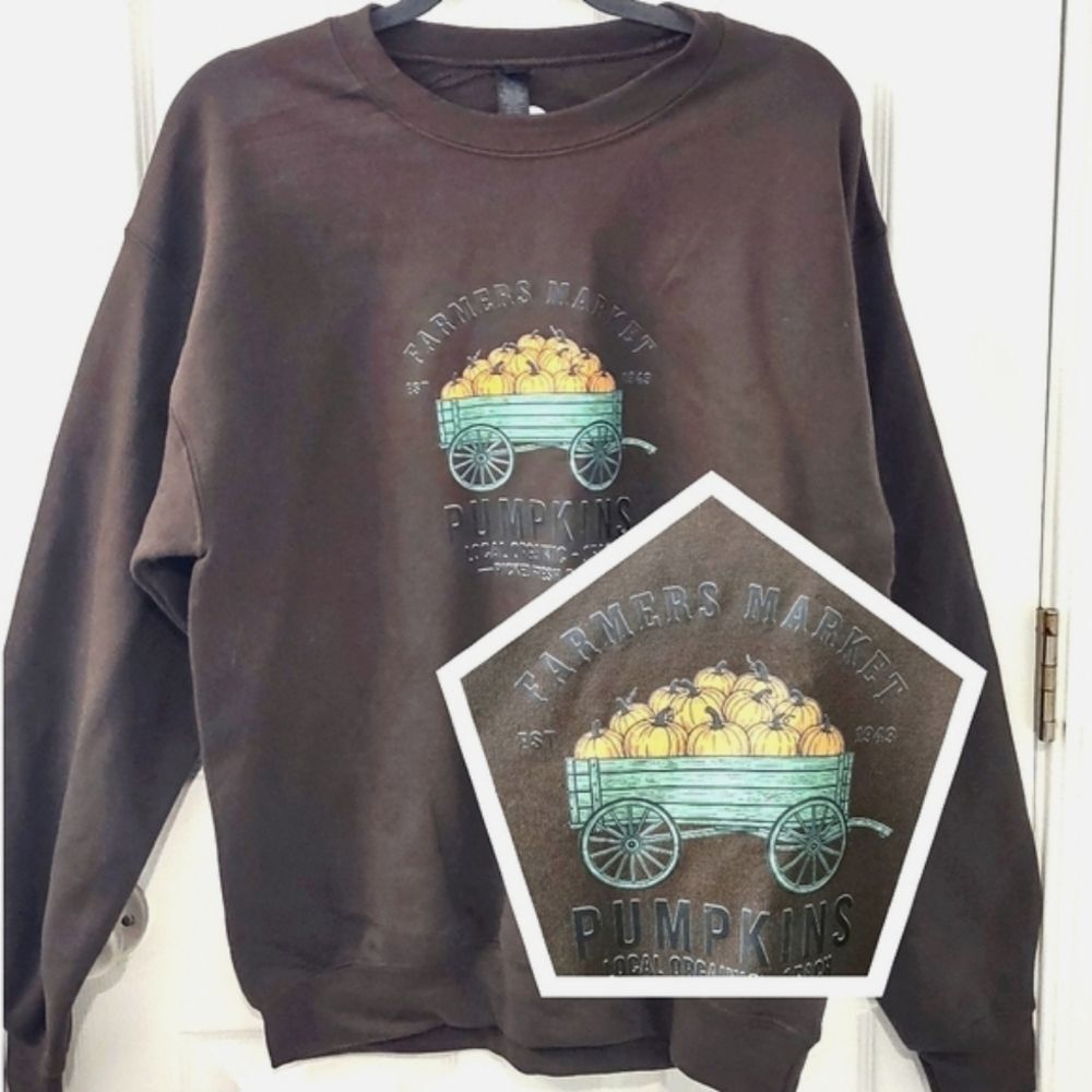 NWT Pumpkin Picking Fall Harvest Fleece Lined Brown Sweatshirt Size M